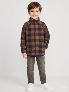 H&M Kids Plaid Microfleece Full-Zip Jacket Size 4-6Y Brown/Navy EUC
